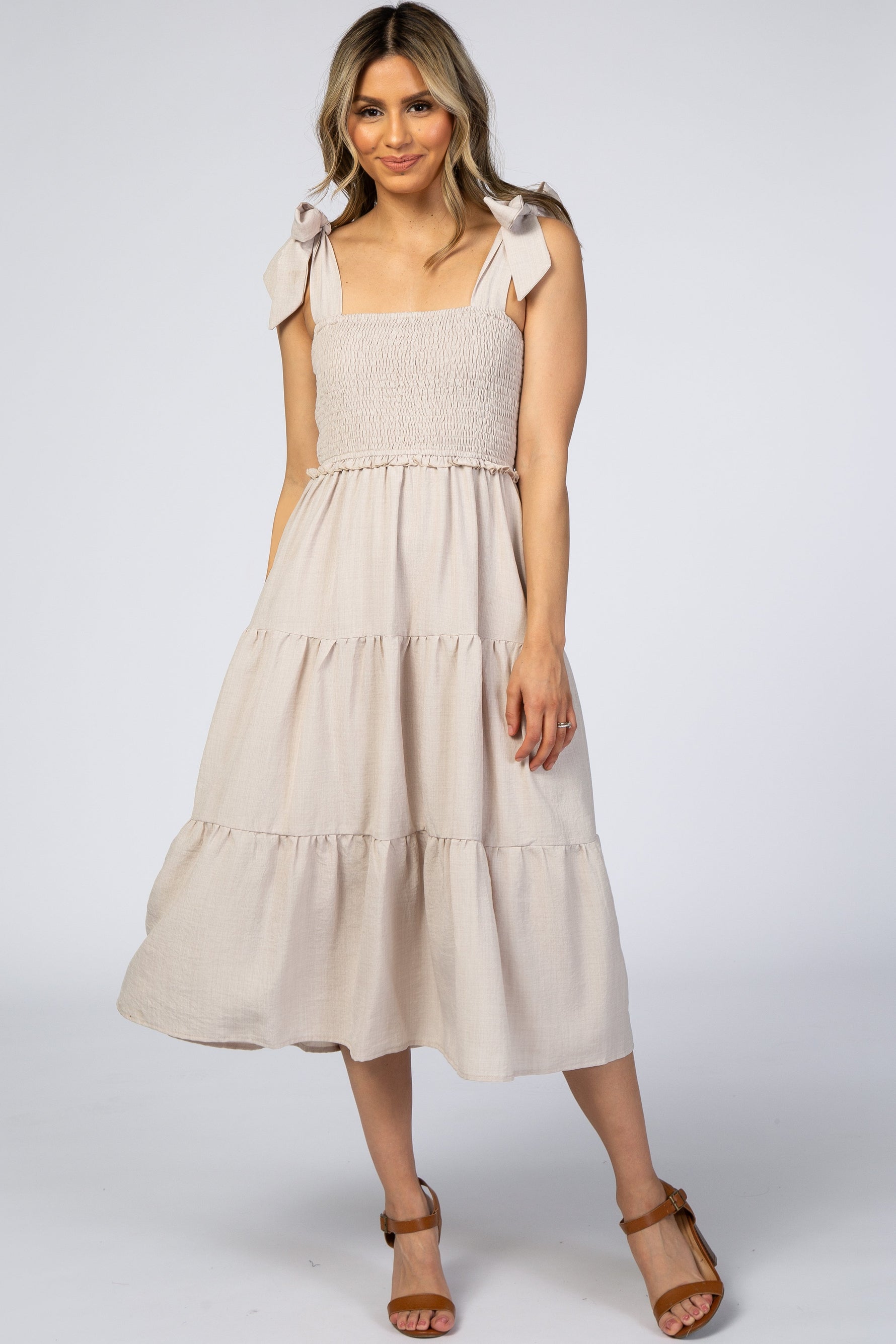Day Cocktail Tiered Midi Dress with Bow Straps by PinkBlush (view 1 of 9)