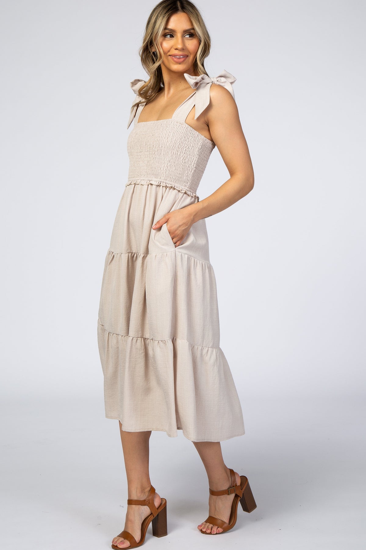 Day Cocktail Tiered Midi Dress with Bow Straps by PinkBlush (view 2 of 9)