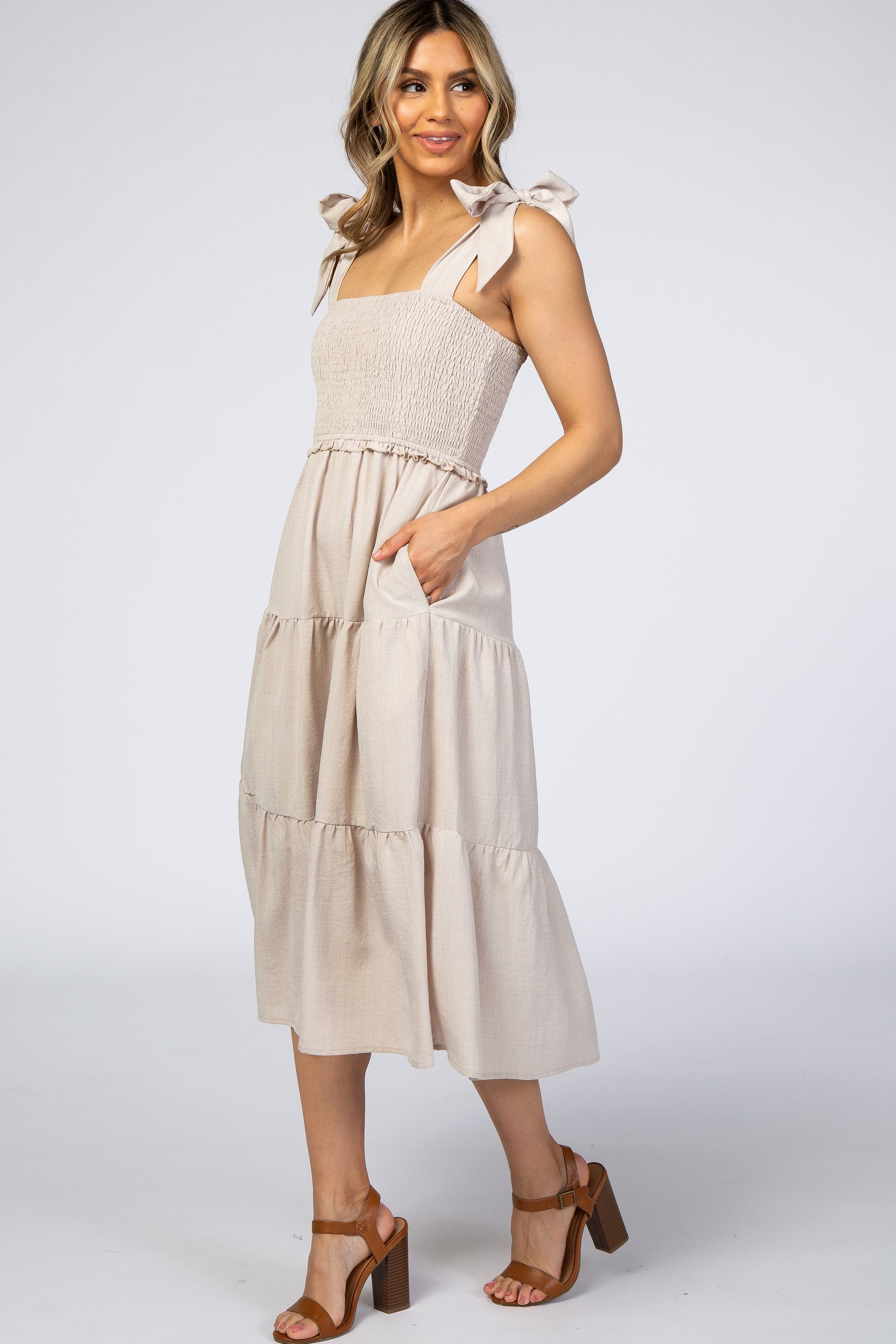 Day Cocktail Tiered Midi Dress with Bow Straps by PinkBlush (view 2 of 9)
