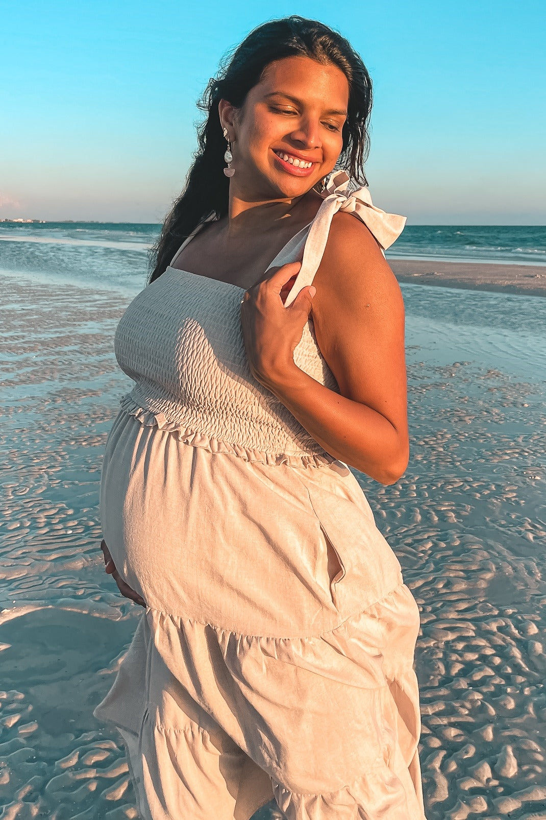 Flowy Bow Strap Tiered Maternity Midi Dress by PinkBlush (view 8 of 13)