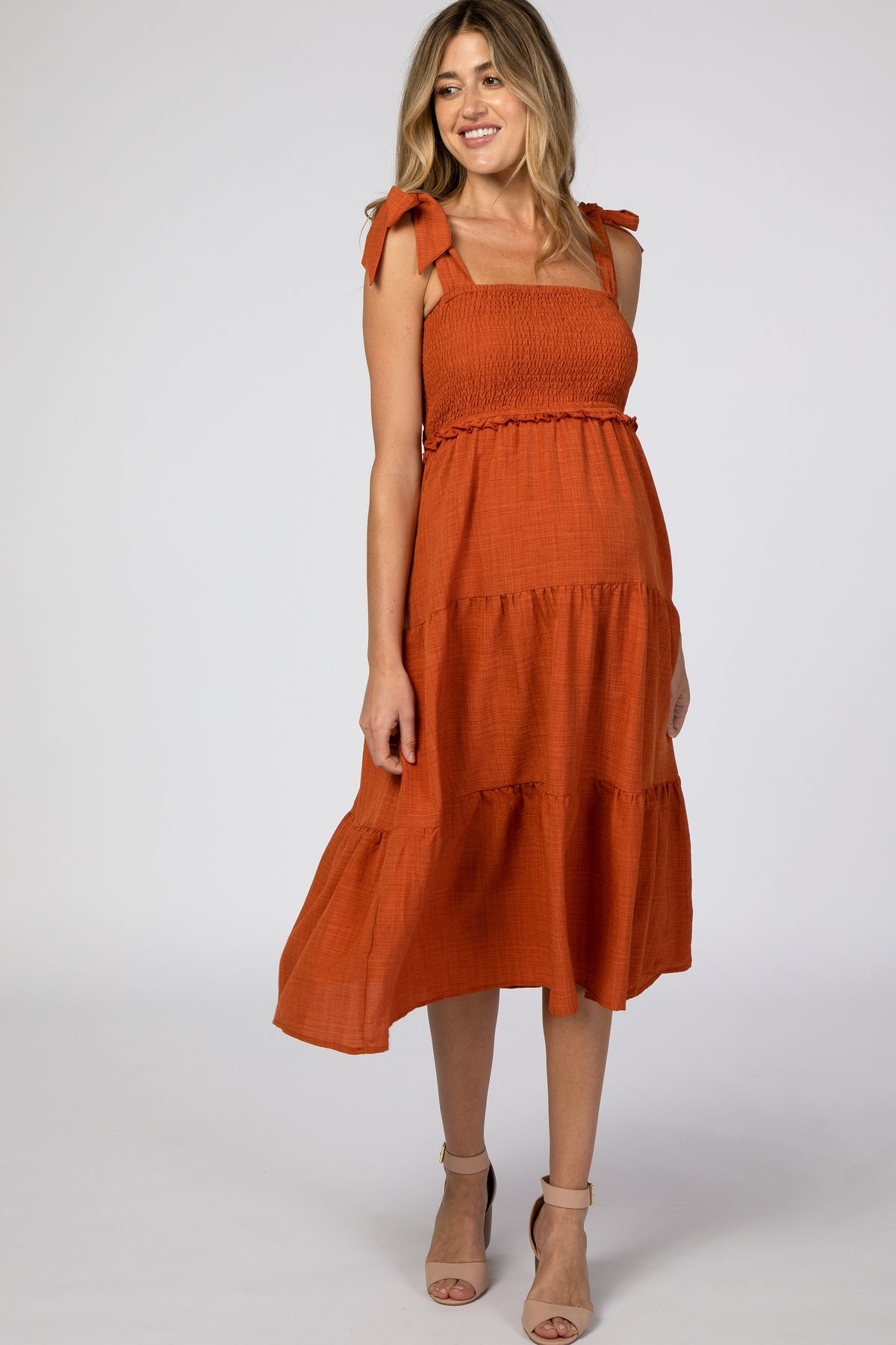 Rust Bow Strap Tiered Maternity Midi Dress by PinkBlush (view 3 of 19)