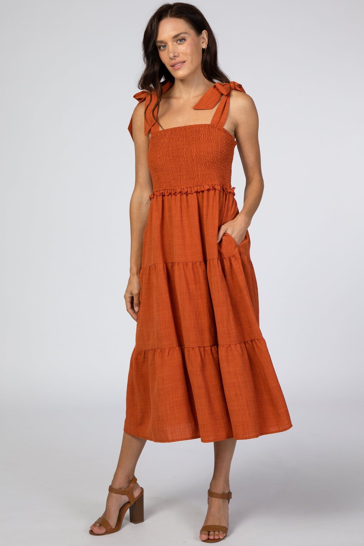 Rust Bow Strap Tiered Maternity Midi Dress by PinkBlush (view 19 of 19)