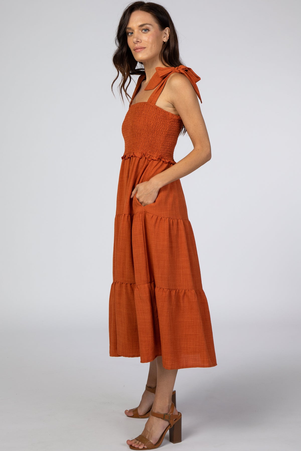 Rust Bow Strap Tiered Midi Dress by PinkBlush (view 2 of 6)