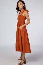 Rust Bow Strap Tiered Midi Dress by PinkBlush (view 2 of 6)