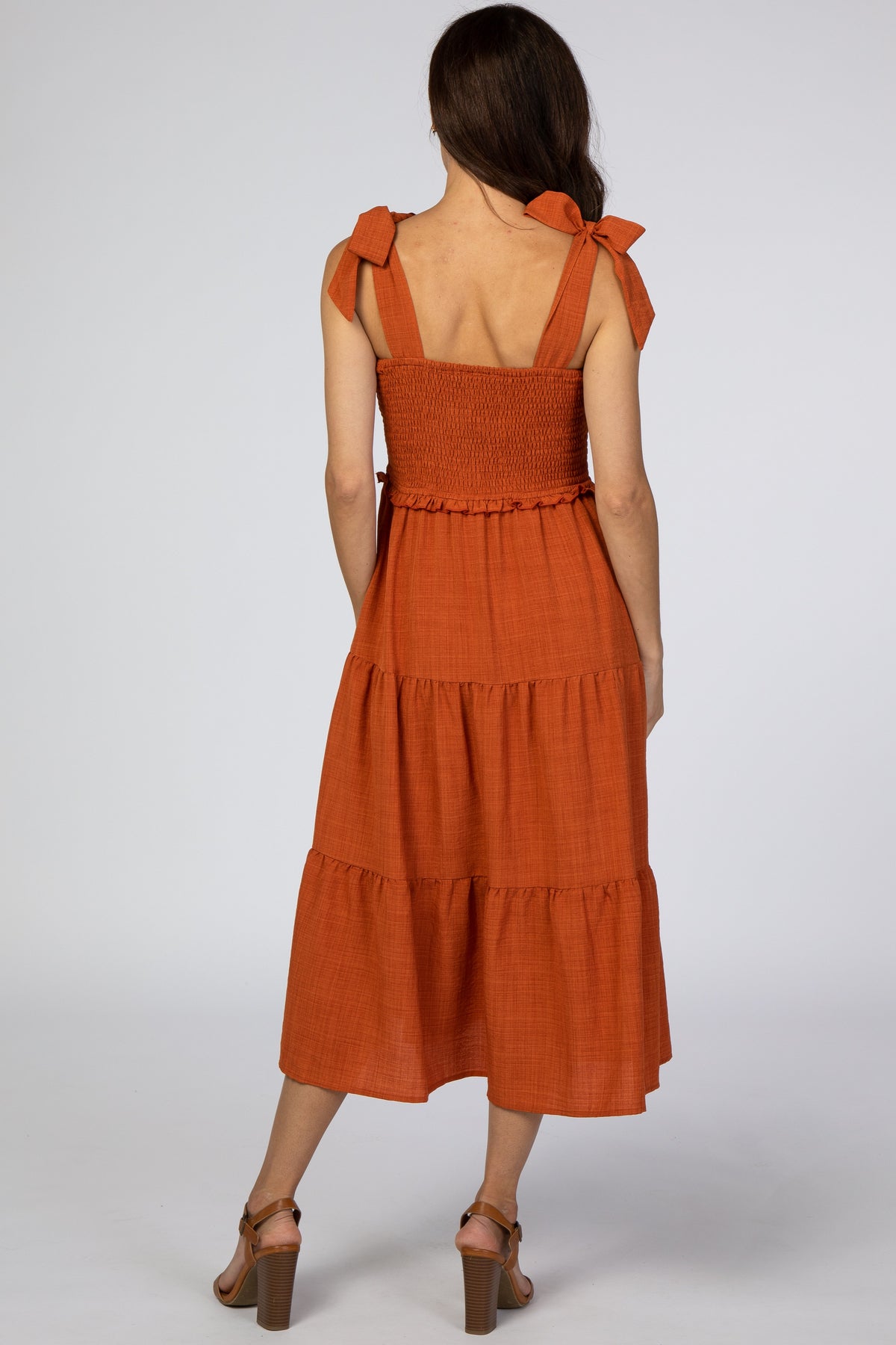 Rust Bow Strap Tiered Midi Dress by PinkBlush (view 3 of 6)