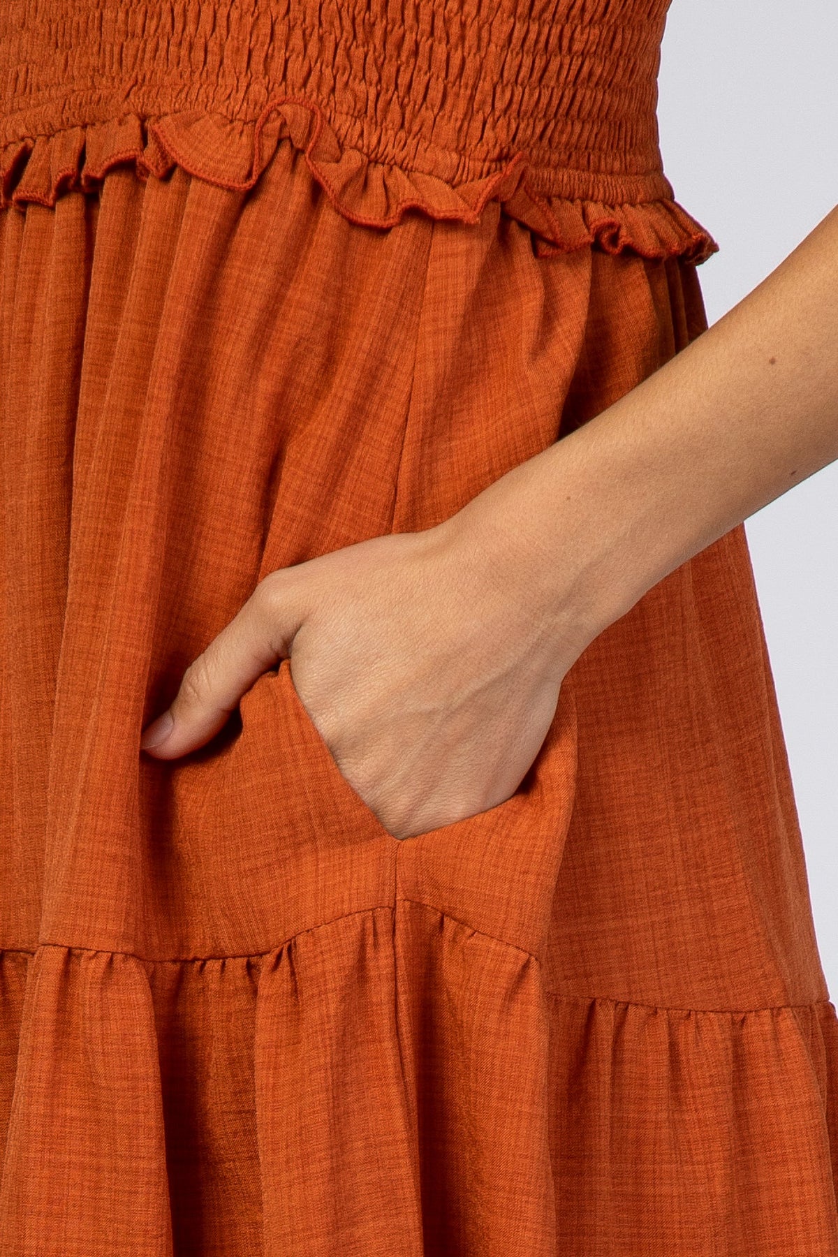 Rust Bow Strap Tiered Midi Dress by PinkBlush (view 4 of 6)