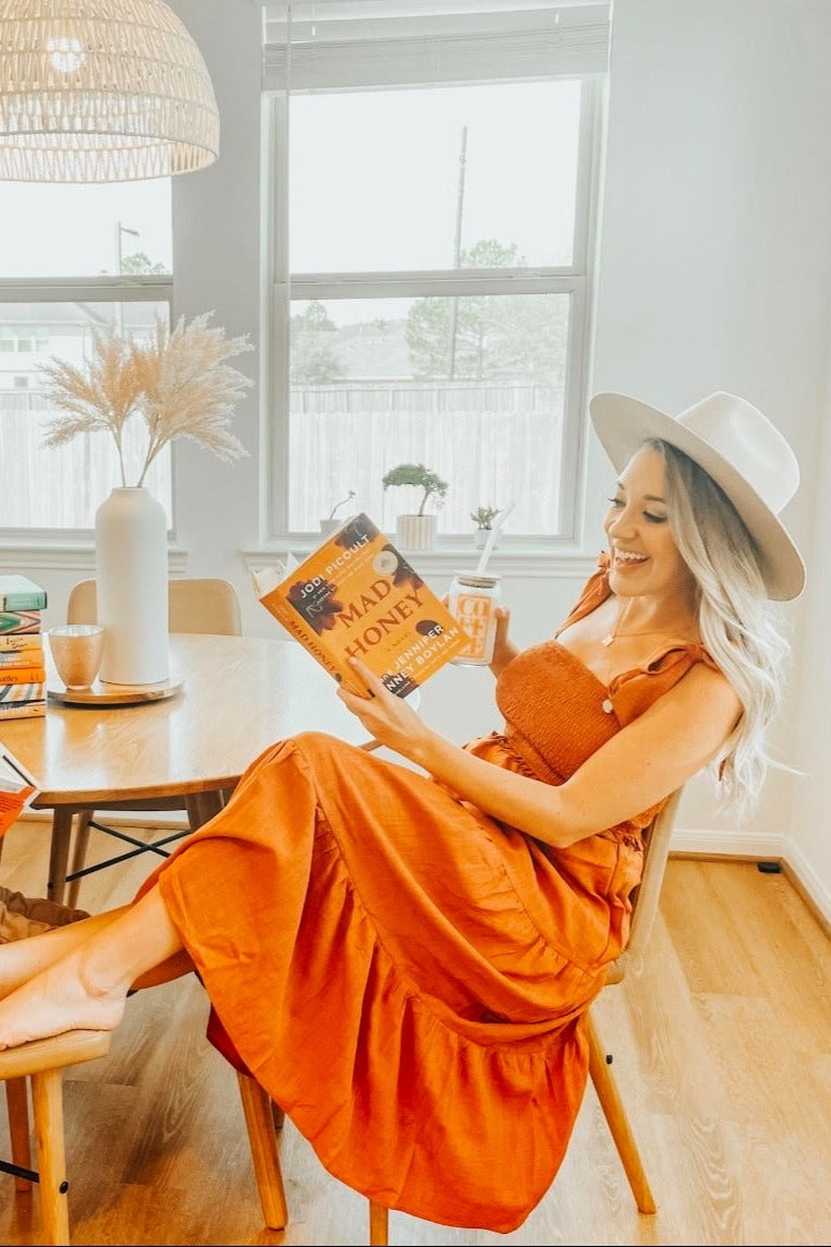 Rust Bow Strap Tiered Midi Dress by PinkBlush (view 5 of 6)