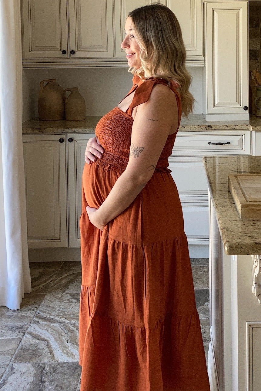 Rust Bow Strap Tiered Maternity Midi Dress by PinkBlush (view 8 of 19)