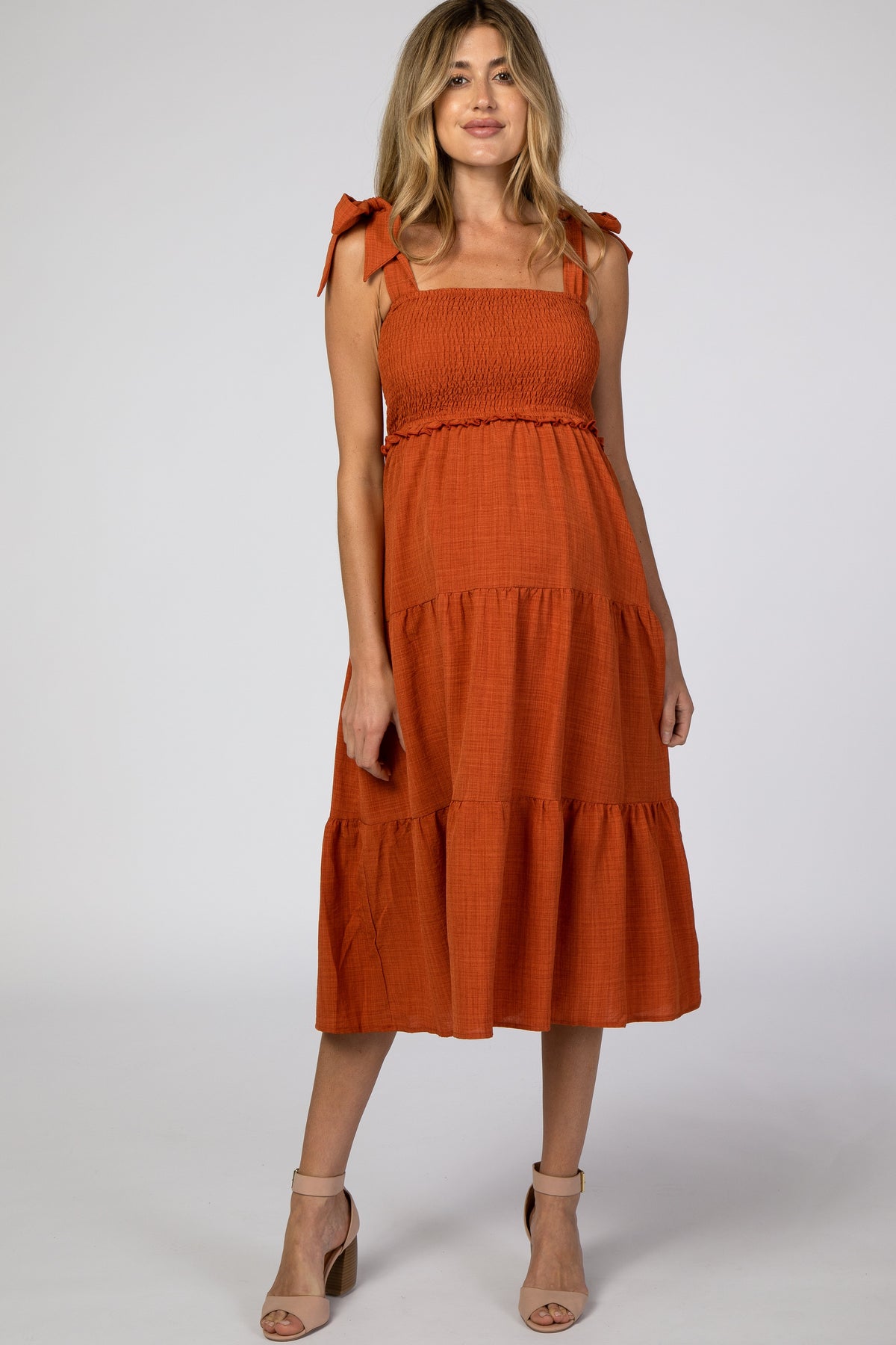 Rust Bow Strap Tiered Maternity Midi Dress by PinkBlush (view 1 of 19)