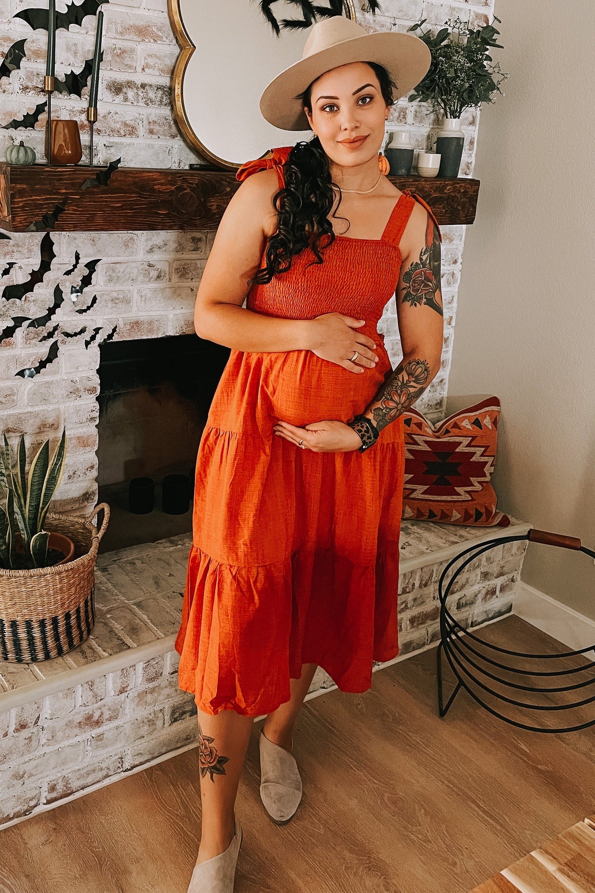 Rust Bow Strap Tiered Maternity Midi Dress by PinkBlush (view 9 of 19)