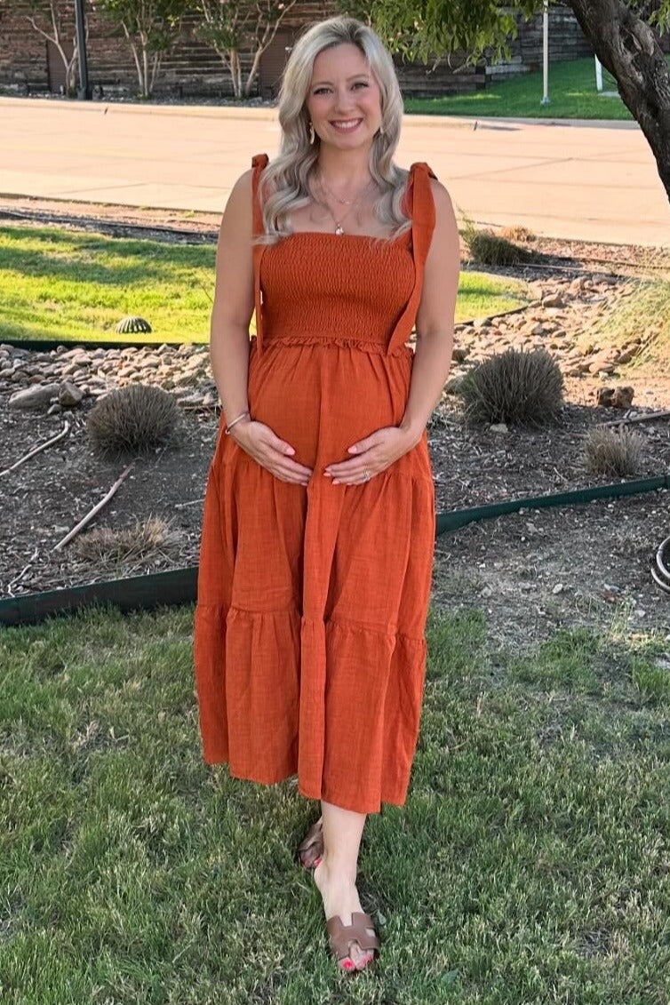 Rust Bow Strap Tiered Maternity Midi Dress by PinkBlush (view 4 of 19)