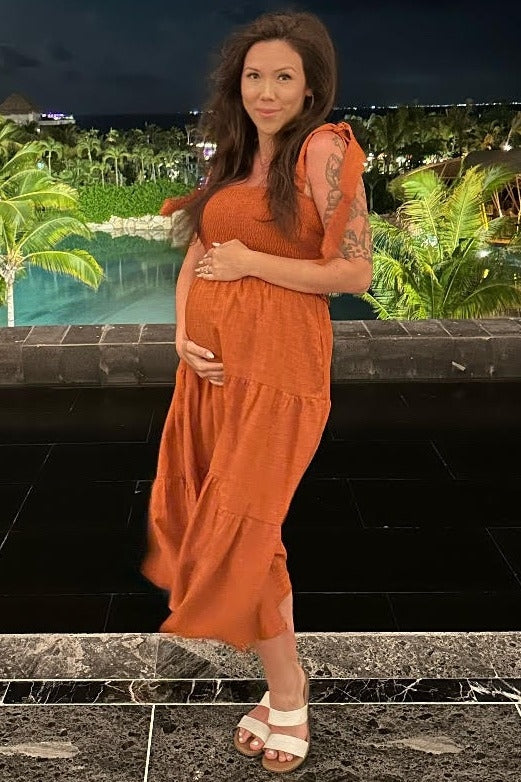 Rust Bow Strap Tiered Maternity Midi Dress by PinkBlush (view 10 of 19)