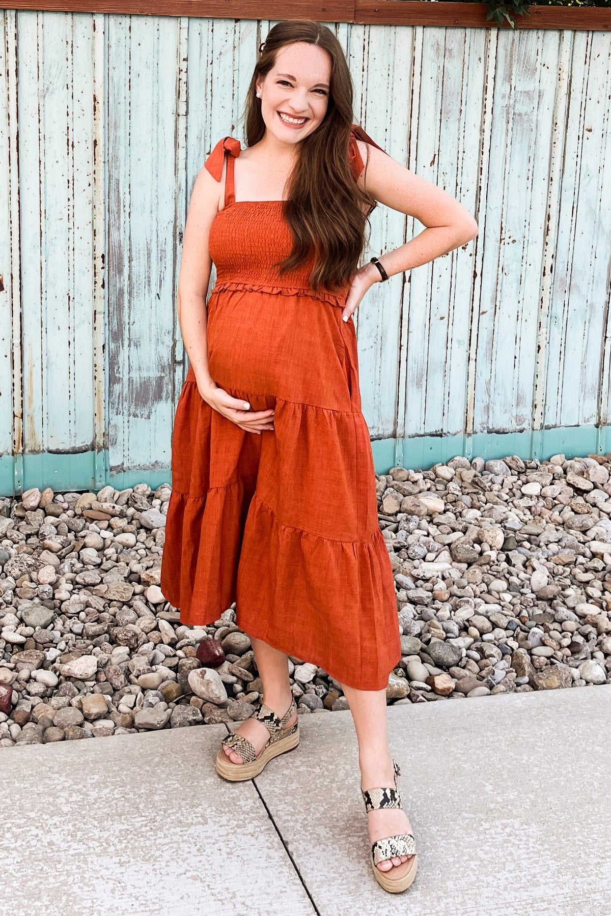 Rust Bow Strap Tiered Maternity Midi Dress by PinkBlush (view 11 of 19)