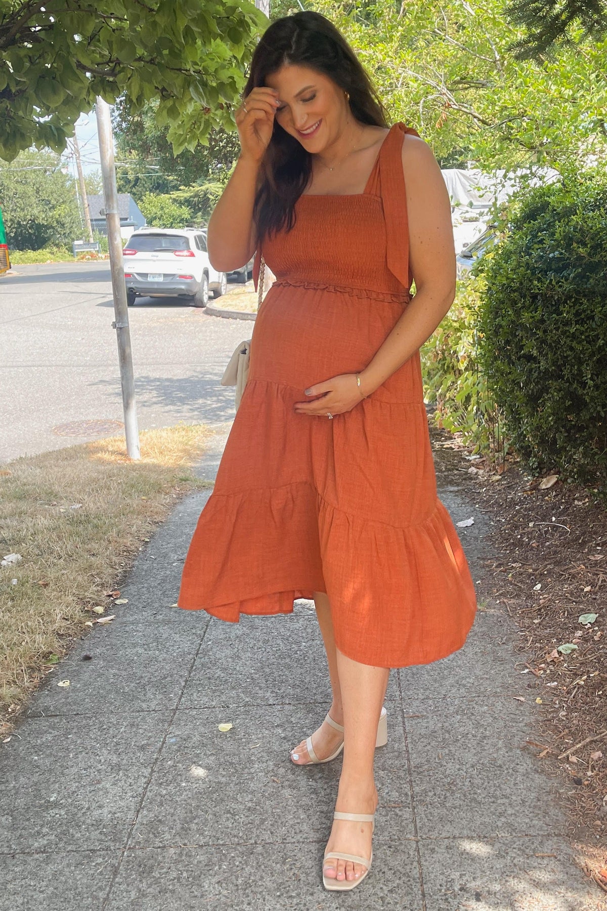 Rust Bow Strap Tiered Maternity Midi Dress by PinkBlush (view 12 of 19)