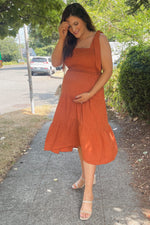 Rust Bow Strap Tiered Maternity Midi Dress by PinkBlush (view 12 of 19)