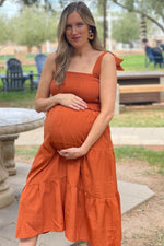 Rust Bow Strap Tiered Maternity Midi Dress by PinkBlush (view 13 of 19)