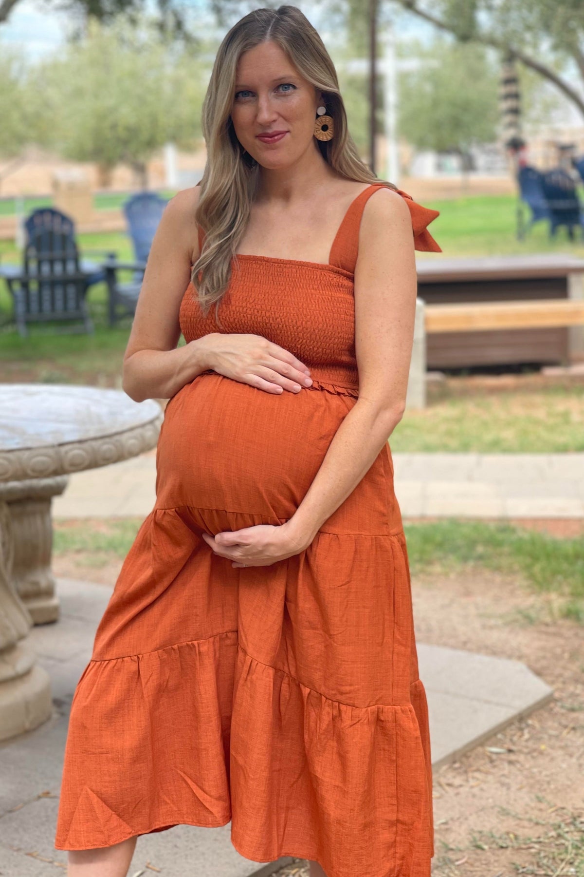Rust Bow Strap Tiered Maternity Midi Dress by PinkBlush (view 13 of 19)