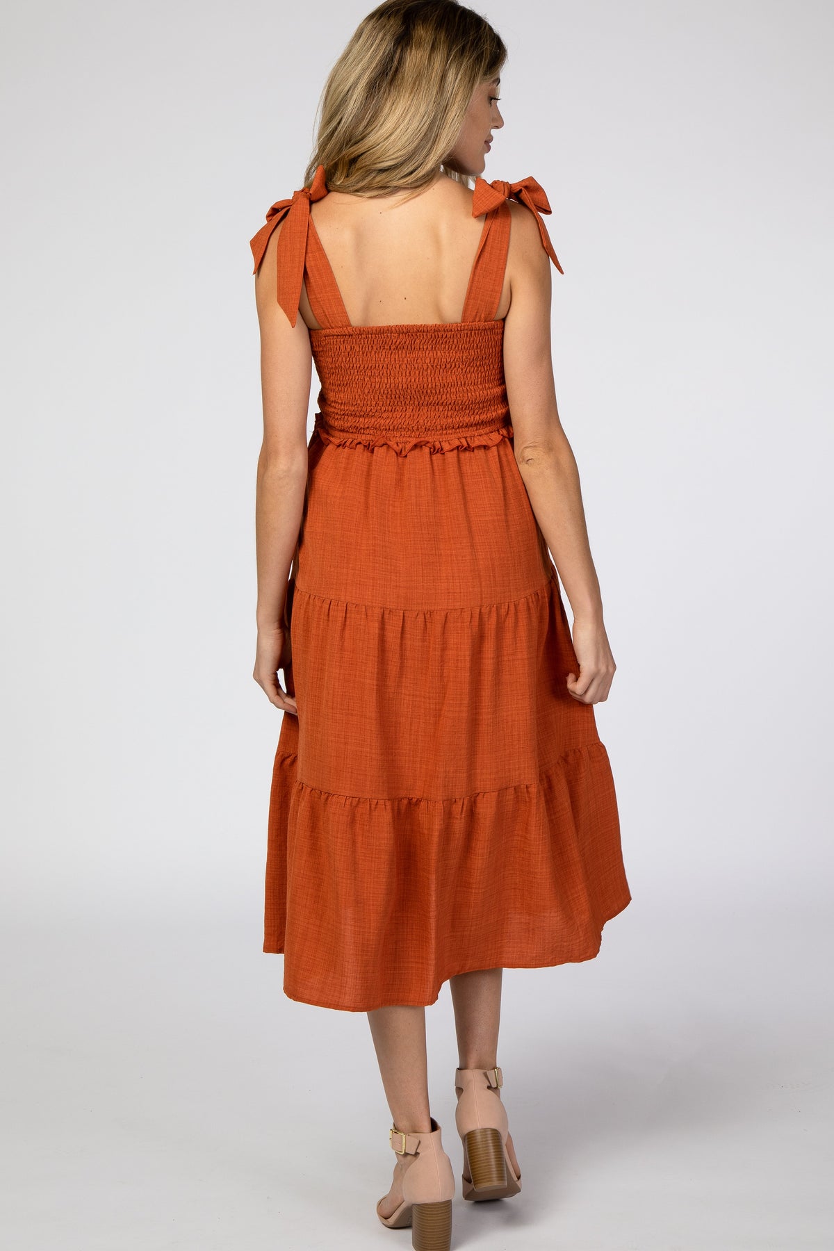 Rust Bow Strap Tiered Maternity Midi Dress by PinkBlush (view 6 of 19)