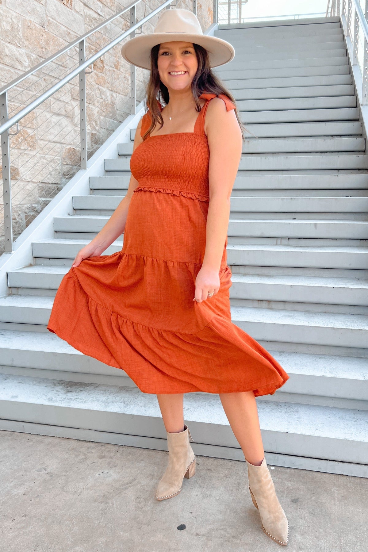 Rust Bow Strap Tiered Maternity Midi Dress by PinkBlush (view 14 of 19)