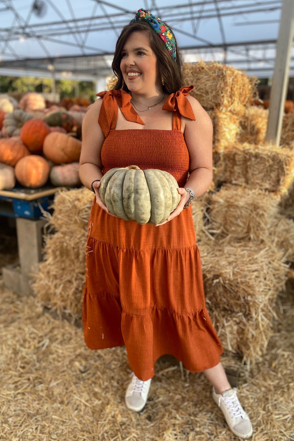 Rust Bow Strap Tiered Maternity Midi Dress by PinkBlush (view 15 of 19)