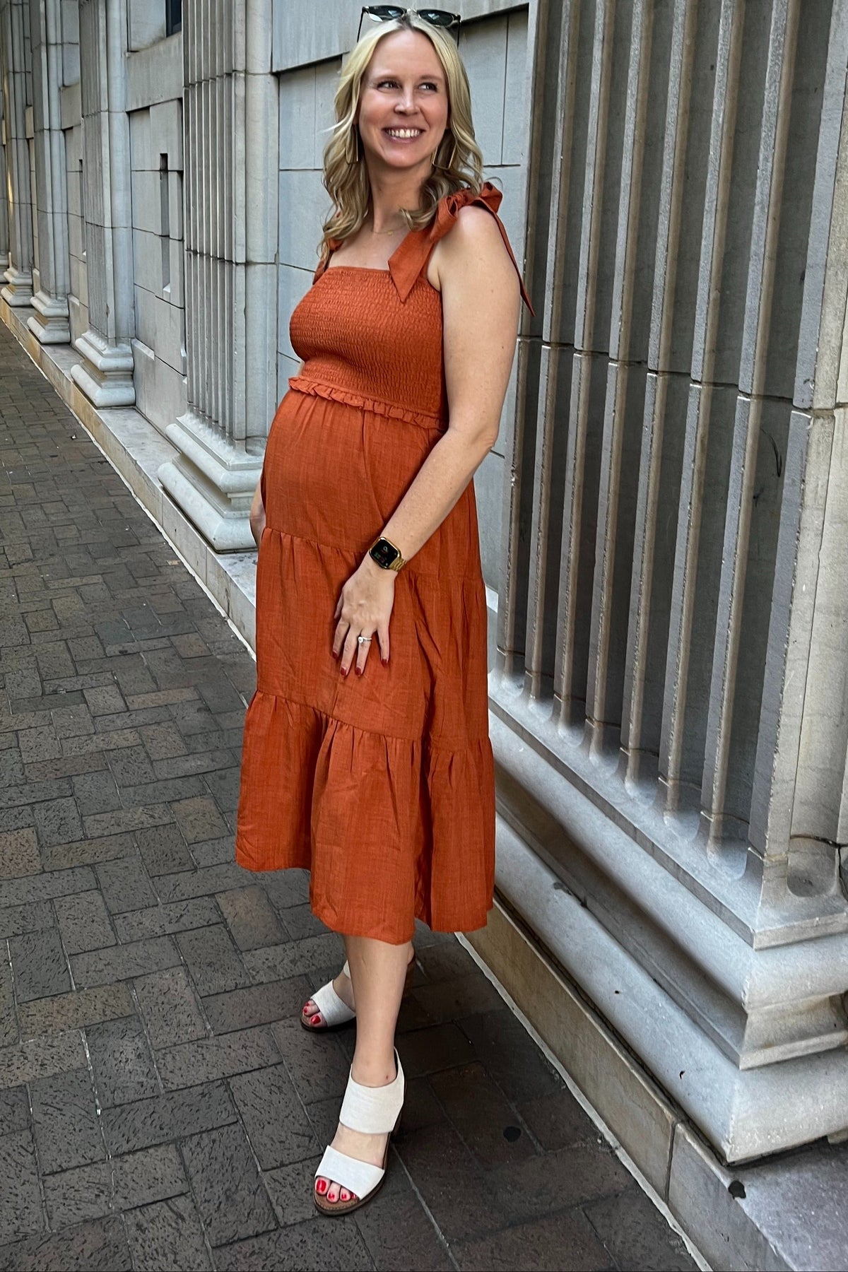 Rust Bow Strap Tiered Maternity Midi Dress by PinkBlush (view 16 of 19)