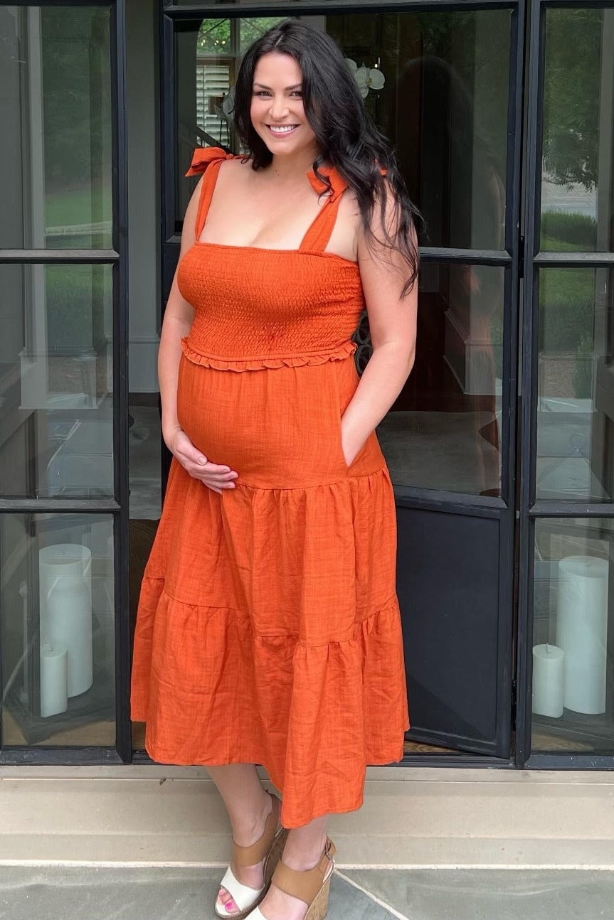 Rust Bow Strap Tiered Maternity Midi Dress by PinkBlush (view 17 of 19)
