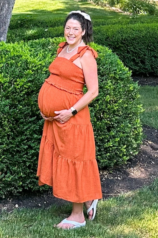 Rust Bow Strap Tiered Maternity Midi Dress by PinkBlush (view 18 of 19)