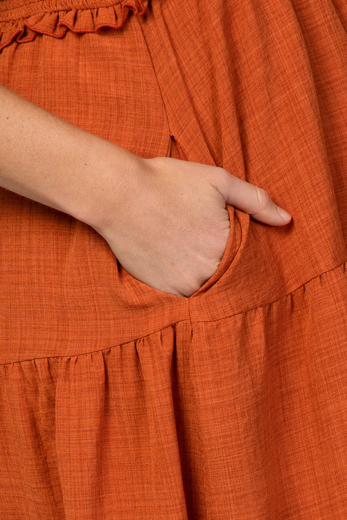 Rust Bow Strap Tiered Maternity Midi Dress by PinkBlush (view 7 of 19)