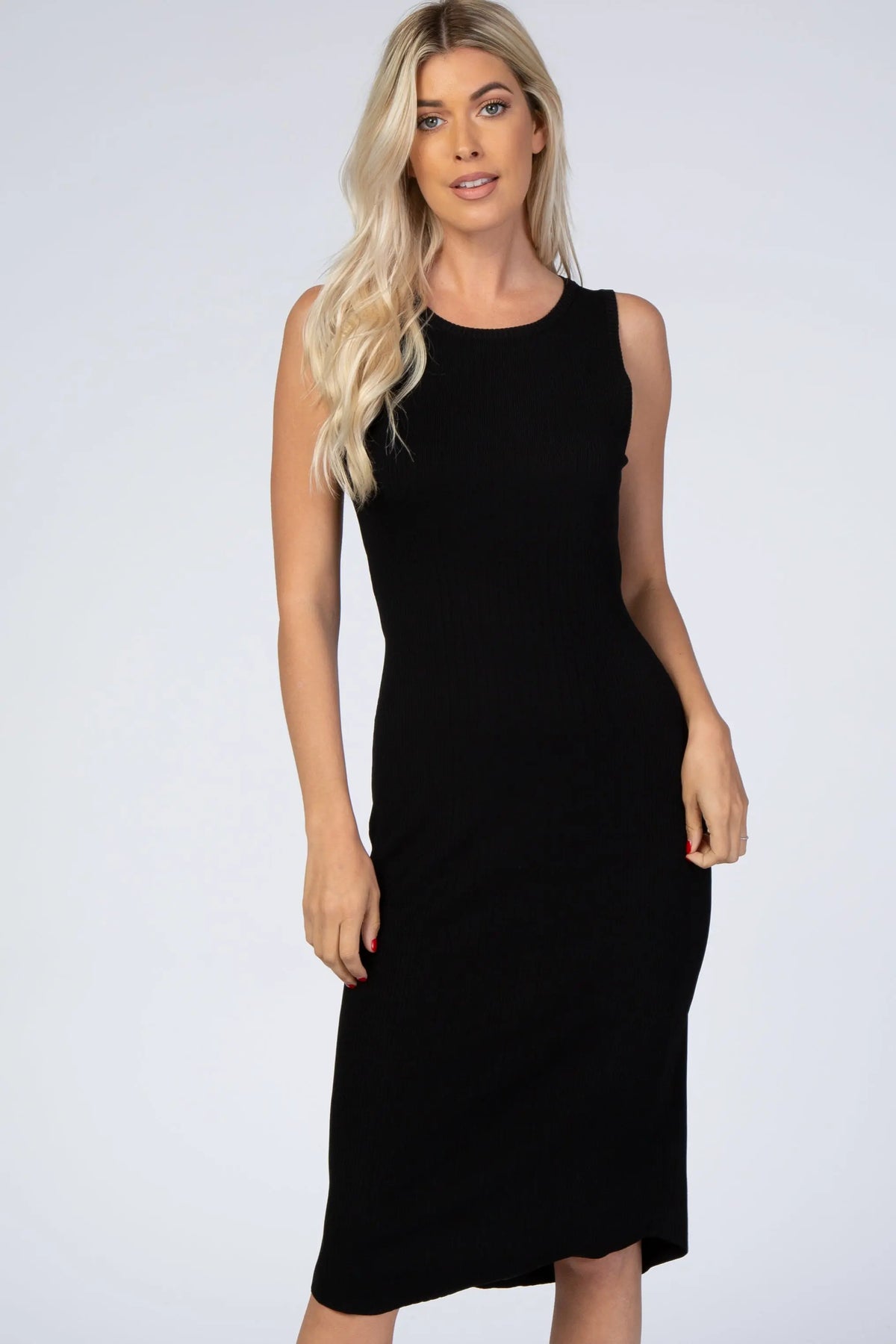 Black Ribbed Sleeveless Midi Dress PinkBlush 