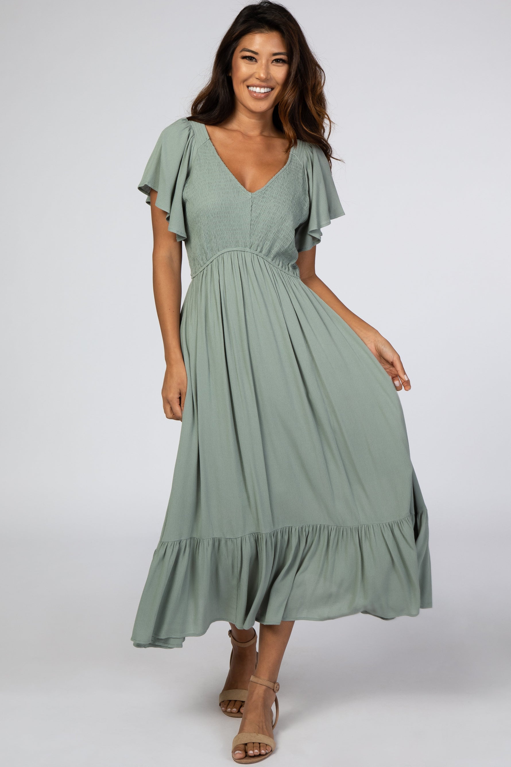 Light Olive Smocked V-Neck Maternity Midi Dress by PinkBlush at Everetts Place
