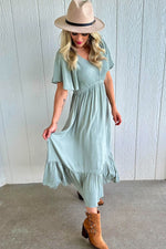 Light Olive Smocked V-Neck Midi Dress by PinkBlush