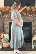 Light Olive Smocked V-Neck Maternity Midi Dress by PinkBlush
