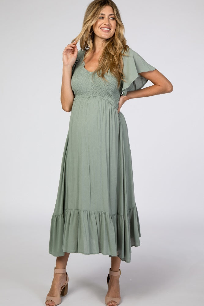 Light Olive Smocked V-Neck Maternity Midi Dress by PinkBlush