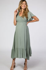 Light Olive Smocked V-Neck Maternity Midi Dress by PinkBlush