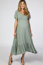 Light Olive Smocked V-Neck Maternity Midi Dress by PinkBlush