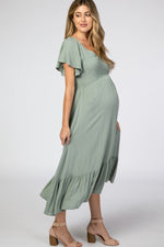 Light Olive Smocked V-Neck Maternity Midi Dress by PinkBlush