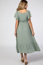 Light Olive Smocked V-Neck Maternity Midi Dress by PinkBlush
