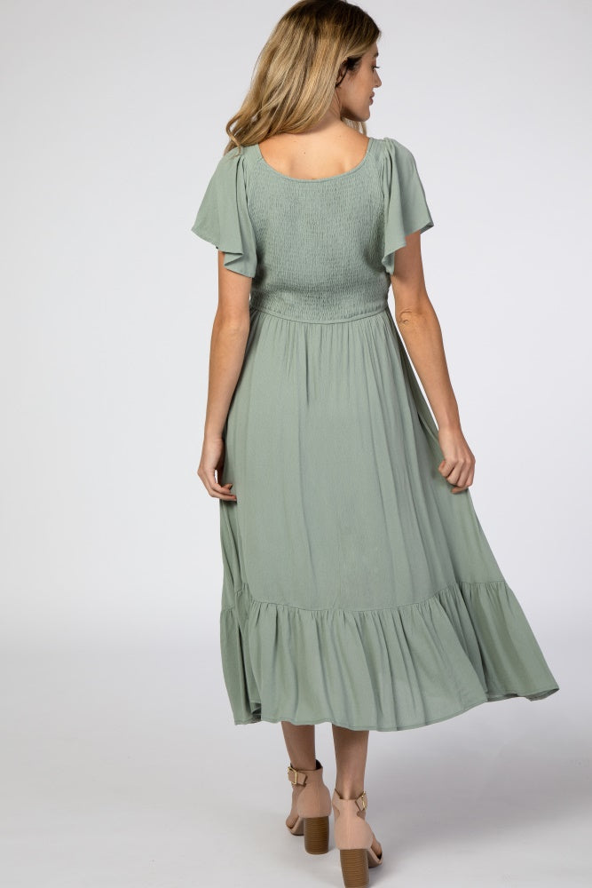 Light Olive Smocked V-Neck Maternity Midi Dress by PinkBlush