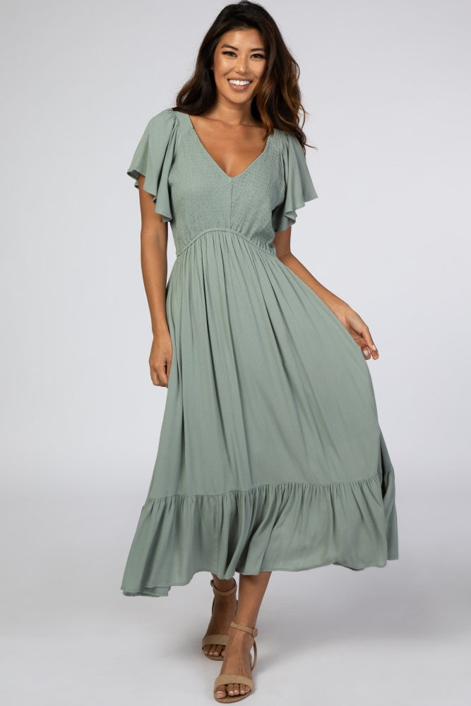 Light olive smocked v-neck midi dress with short bell sleeves and a ruffle hemline
