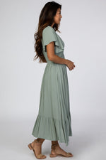 Light Olive Smocked V-Neck Midi Dress by PinkBlush