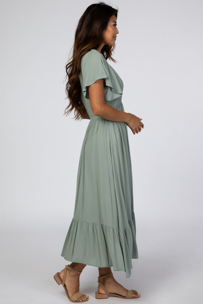 Light Olive Smocked V-Neck Midi Dress by PinkBlush