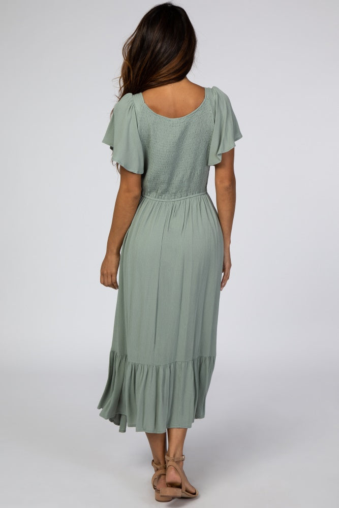 Light Olive Smocked V-Neck Midi Dress by PinkBlush
