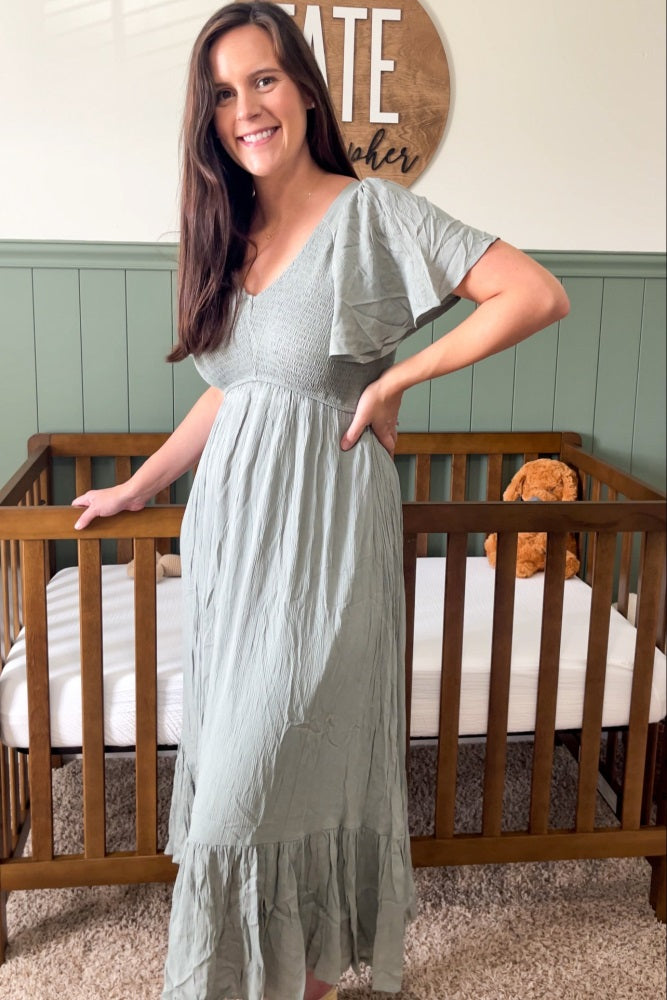 Light Olive Smocked V-Neck Midi Dress by PinkBlush