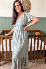 Light Olive Smocked V-Neck Midi Dress by PinkBlush