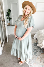 Light Olive Smocked V-Neck Maternity Midi Dress by PinkBlush