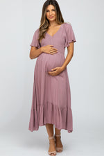 Mauve Smocked V-Neck Maternity Midi Dress by PinkBlush at Everetts Place