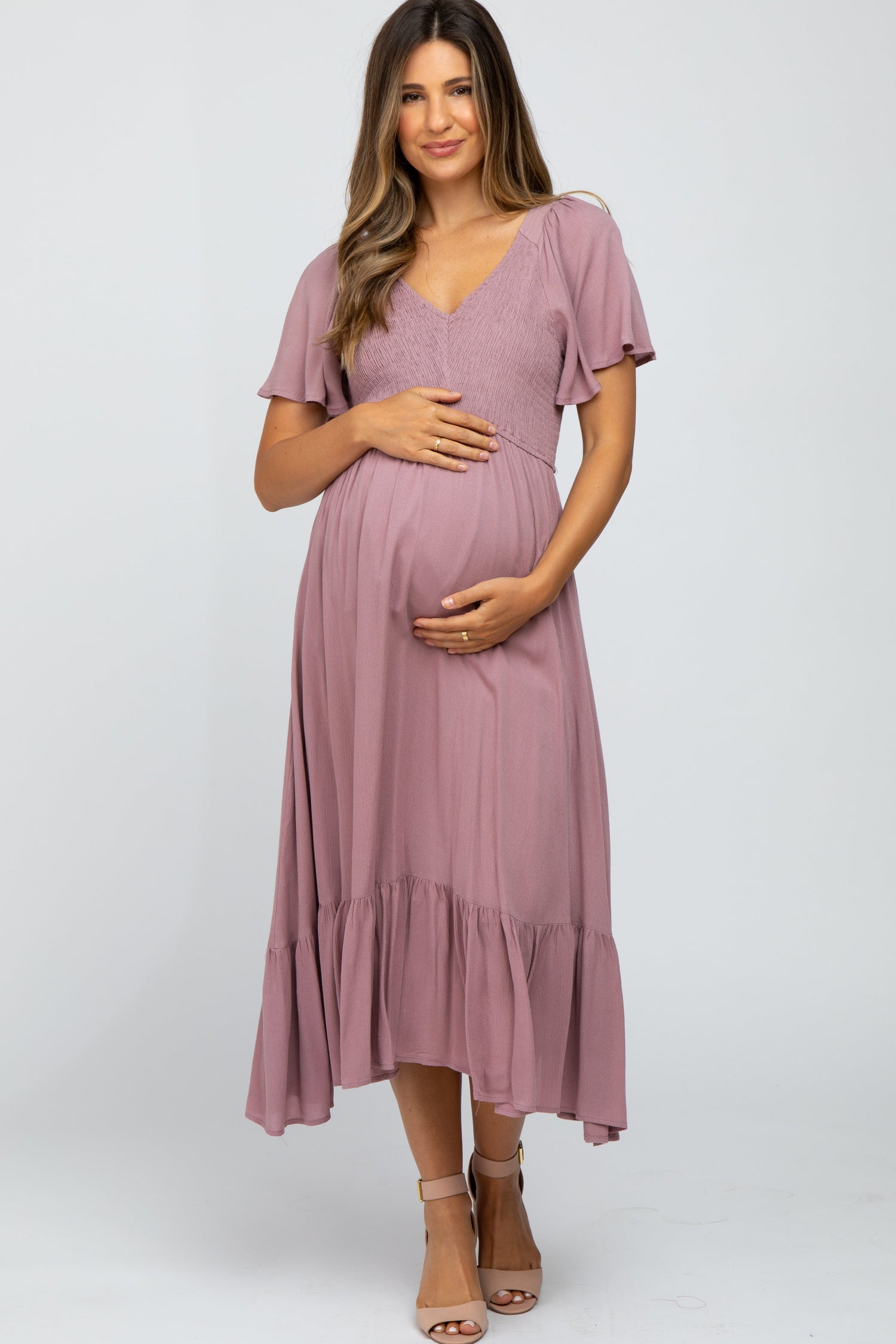 Mauve Smocked V-Neck Maternity Midi Dress by PinkBlush at Everetts Place