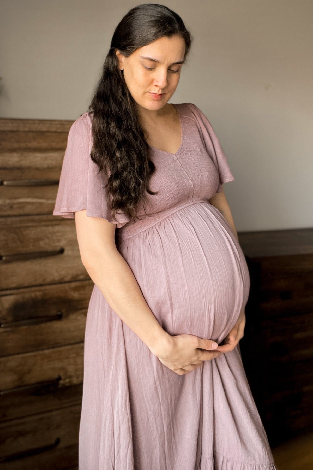 Mauve Smocked V-Neck Maternity Midi Dress by PinkBlush at Everetts Place