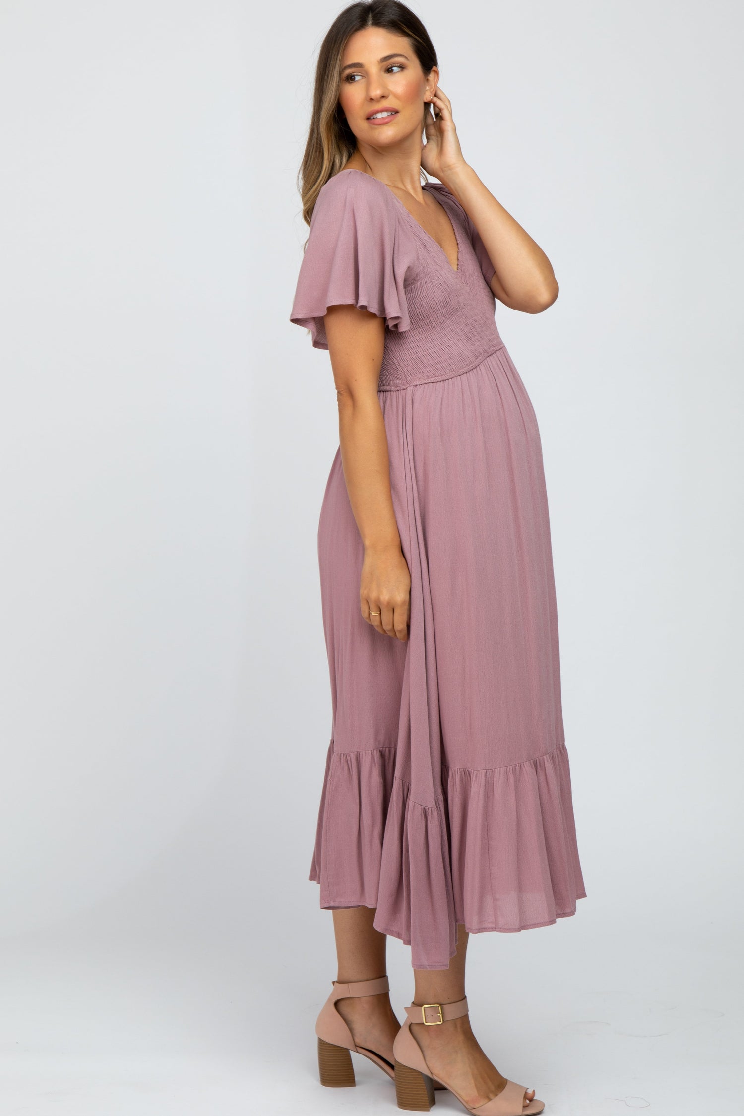 Mauve Smocked V-Neck Maternity Midi Dress by PinkBlush at Everetts Place