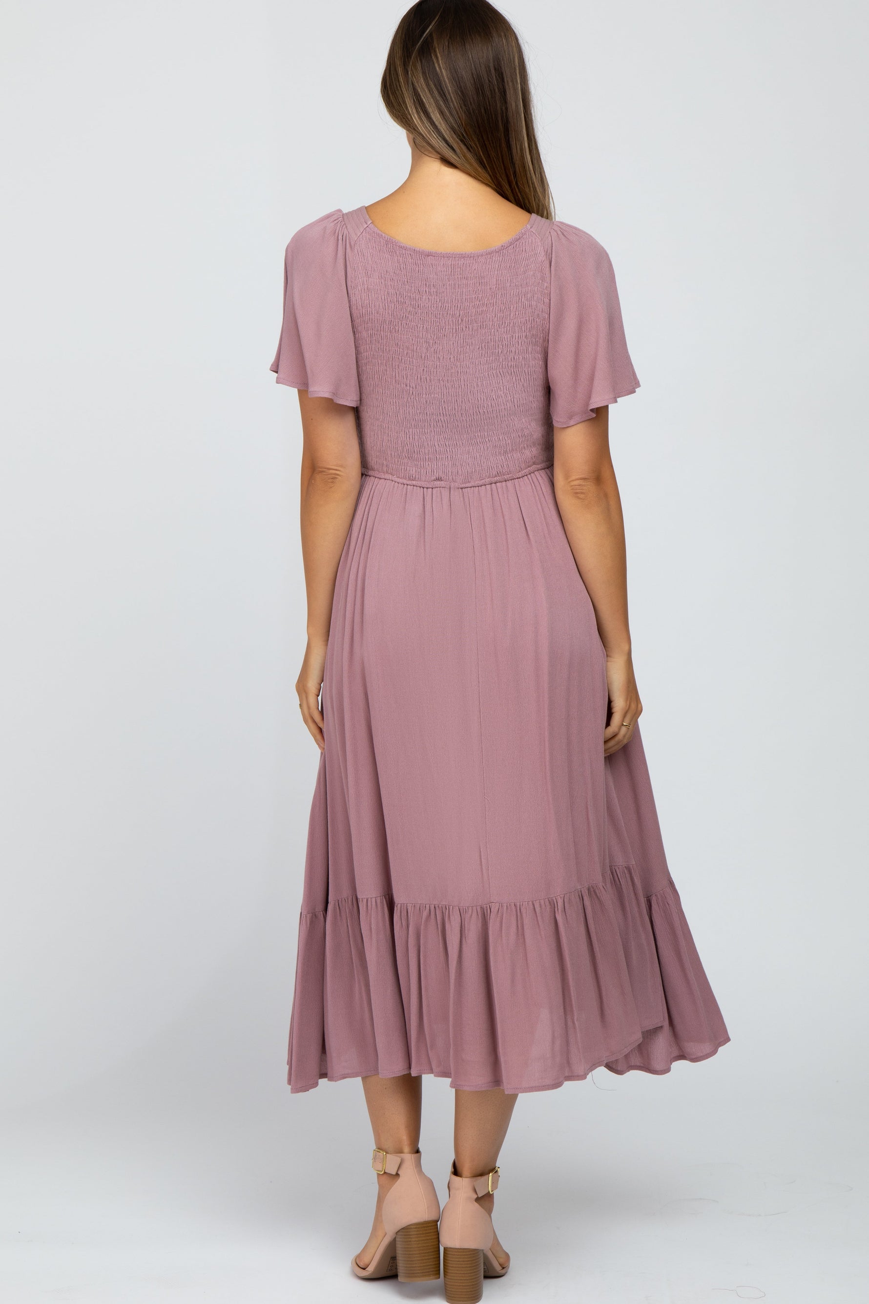 Mauve Smocked V-Neck Maternity Midi Dress by PinkBlush at Everetts Place